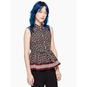 Kate Spade Floral Peplum Button Up Collar Tank Top Blouse with Tie Waist